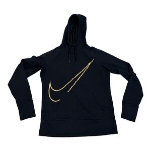 Nike Therma Fit Hoodie Sweatshirt Women Size M Big Swoosh Thumb Holes Black